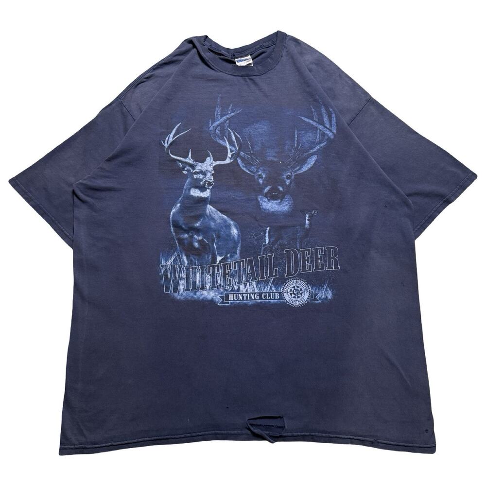 Vintage Whitetail Deer Hunting Thrashed Faded Graphic T Shirt 2XL Mossy
